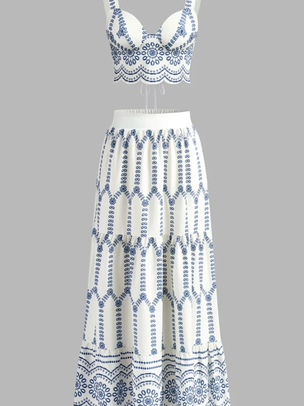 Commense NWT 2 Piece Set Maxi w/lace up top w/padding. White w/Blue floral Small - Picture 4 of 9
